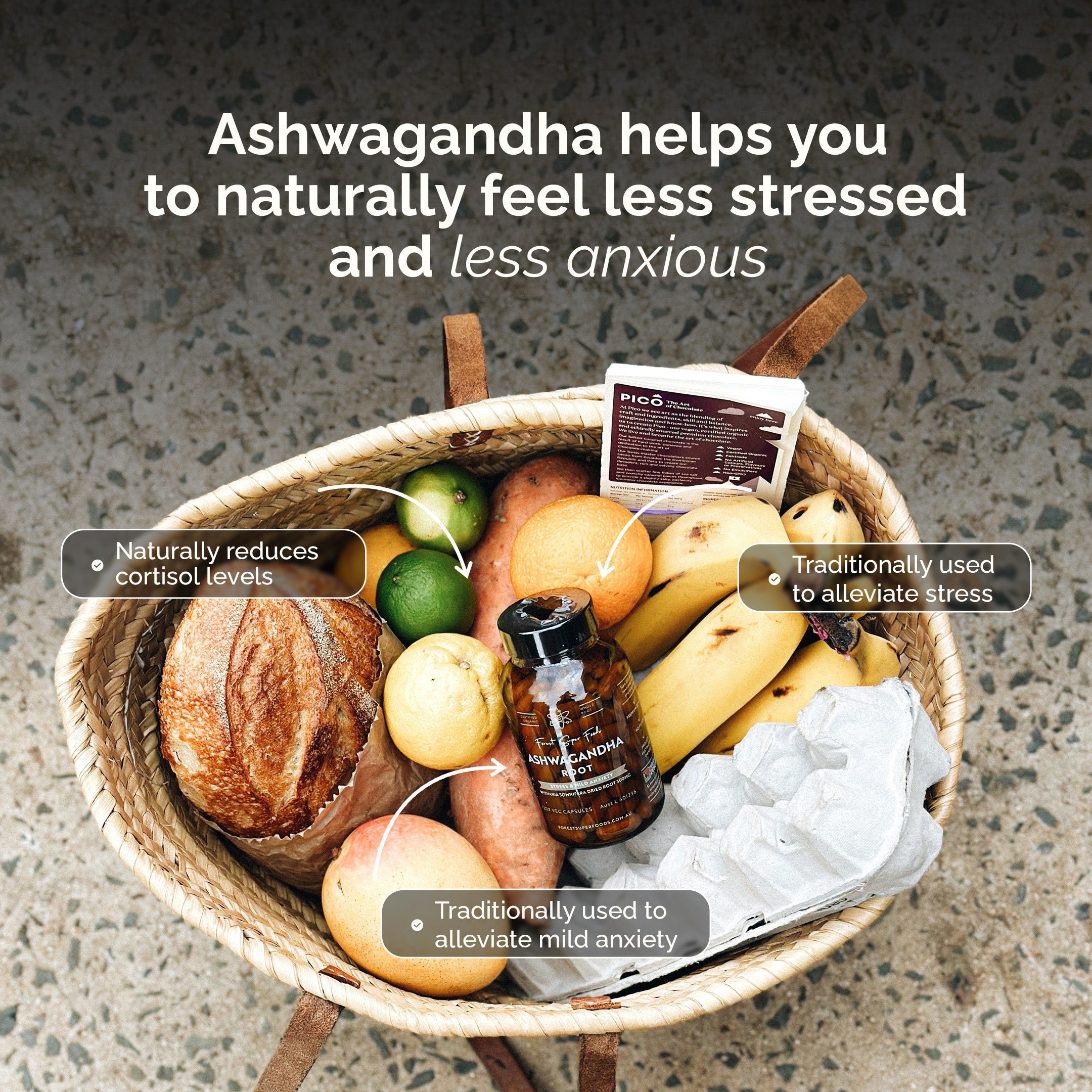 Organic Ashwagandha Capsules bottle in a basket with fruits and bread emphasizing stress relief and anxiety support benefits
