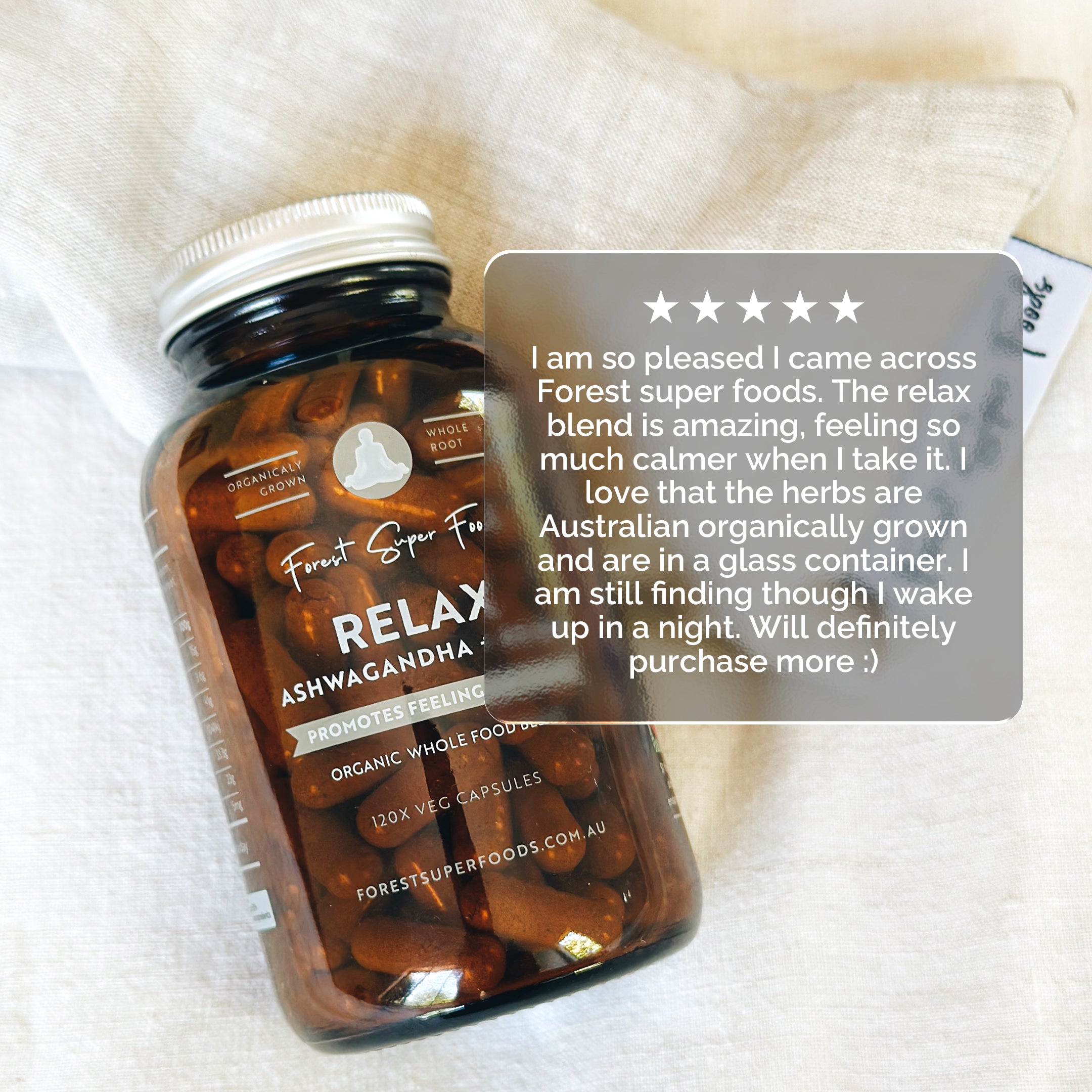 Relax Whole Food Supplement amber glass bottle with organic ashwagandha capsules for natural calm by Forest Super Foods