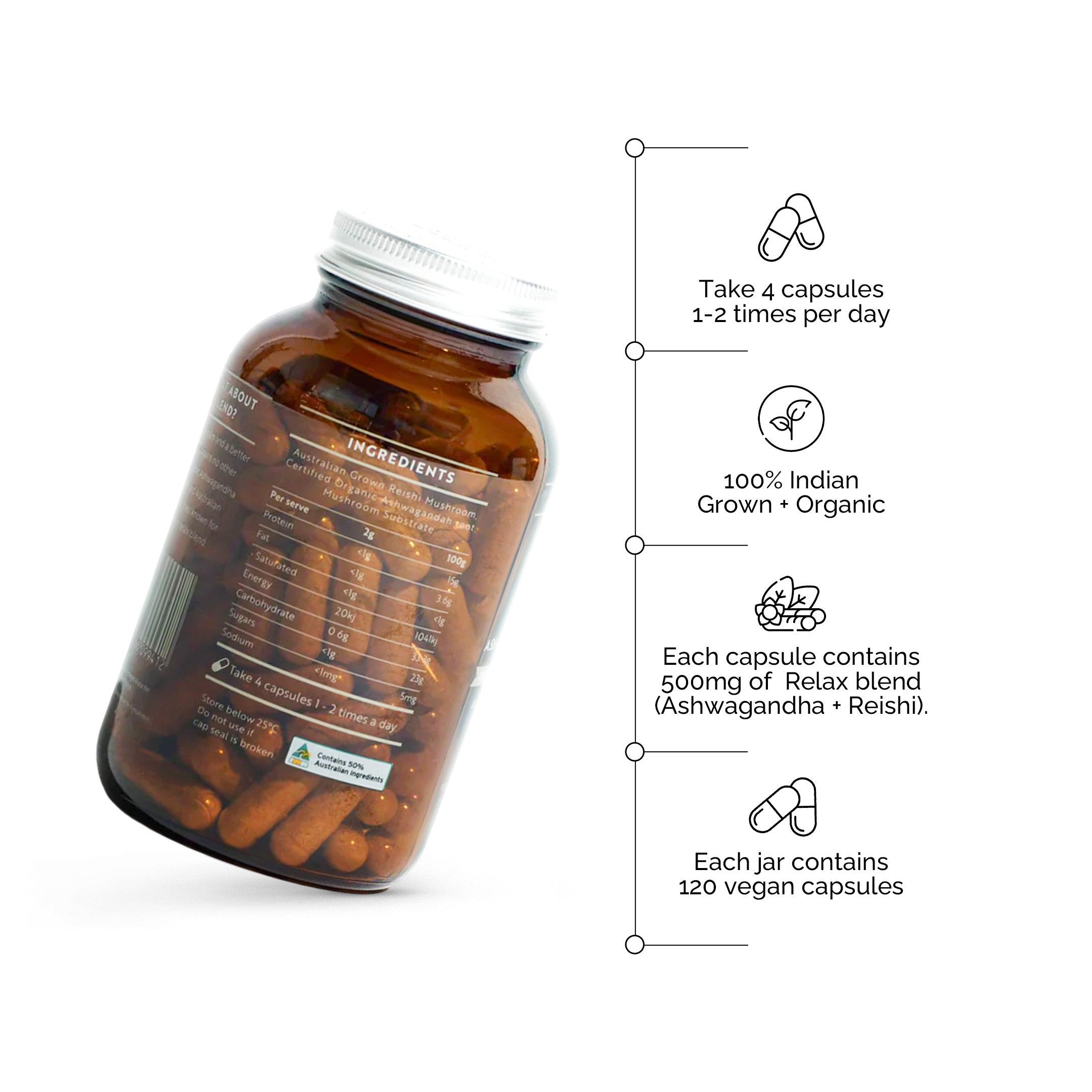 Relax Whole Food Supplement amber jar with 120 vegan capsules featuring organic Indian ashwagandha and reishi blend details