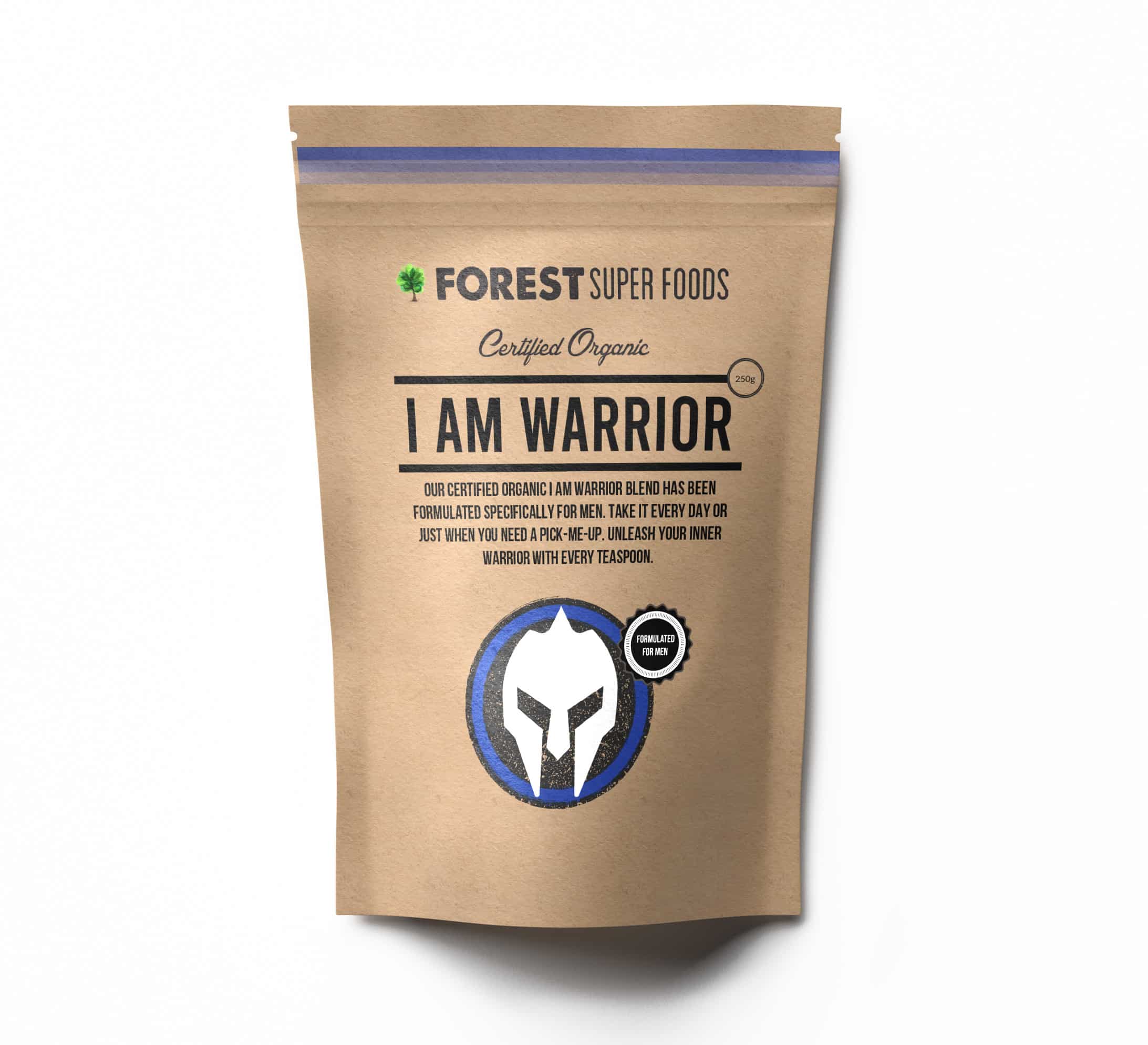 Brown kraft pouch of Forest Super Foods I Am Warrior organic supplement with warrior helmet logo on white background