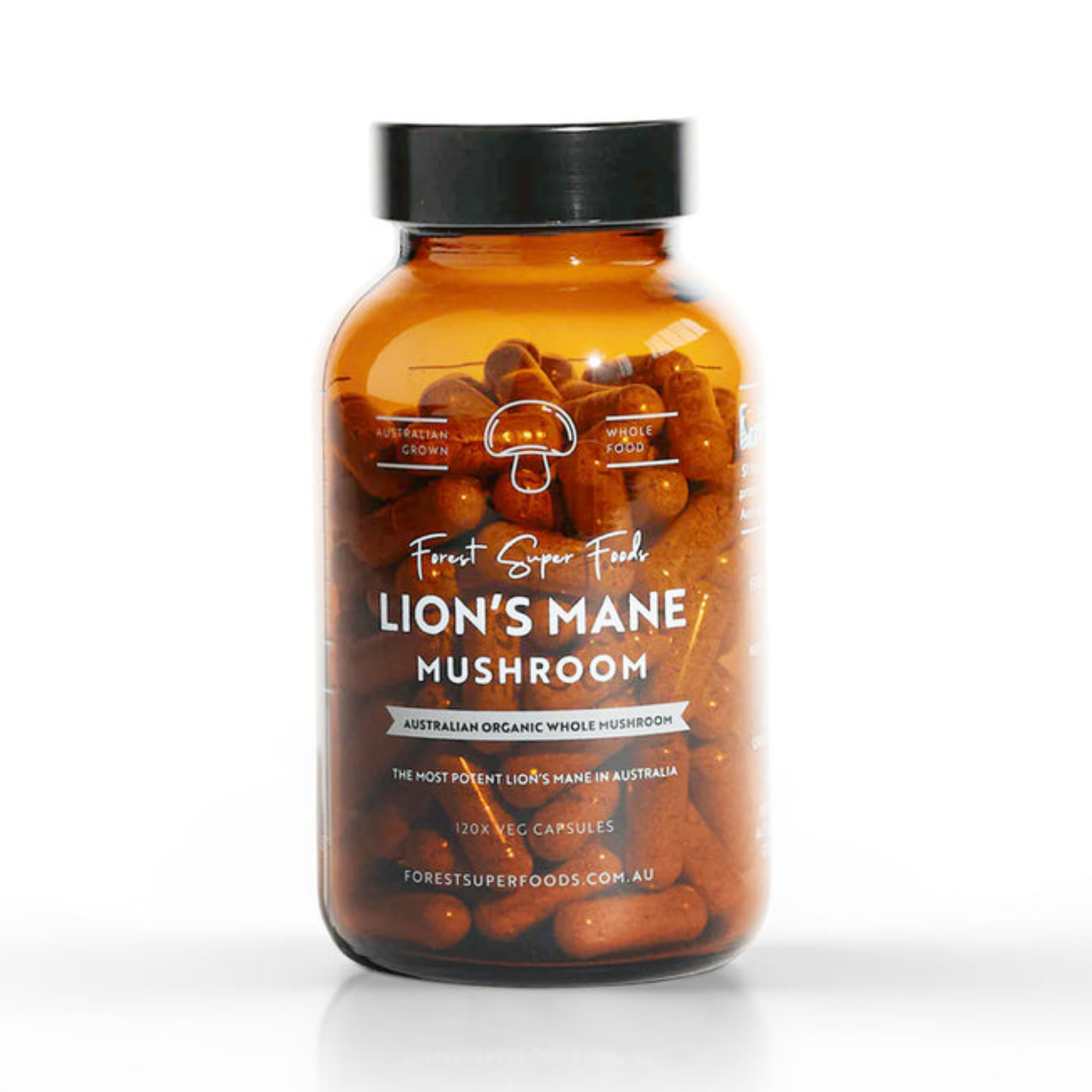 Amber glass jar filled with Lion’s Mane mushroom capsules labeled Forest Super Foods on plain white background
