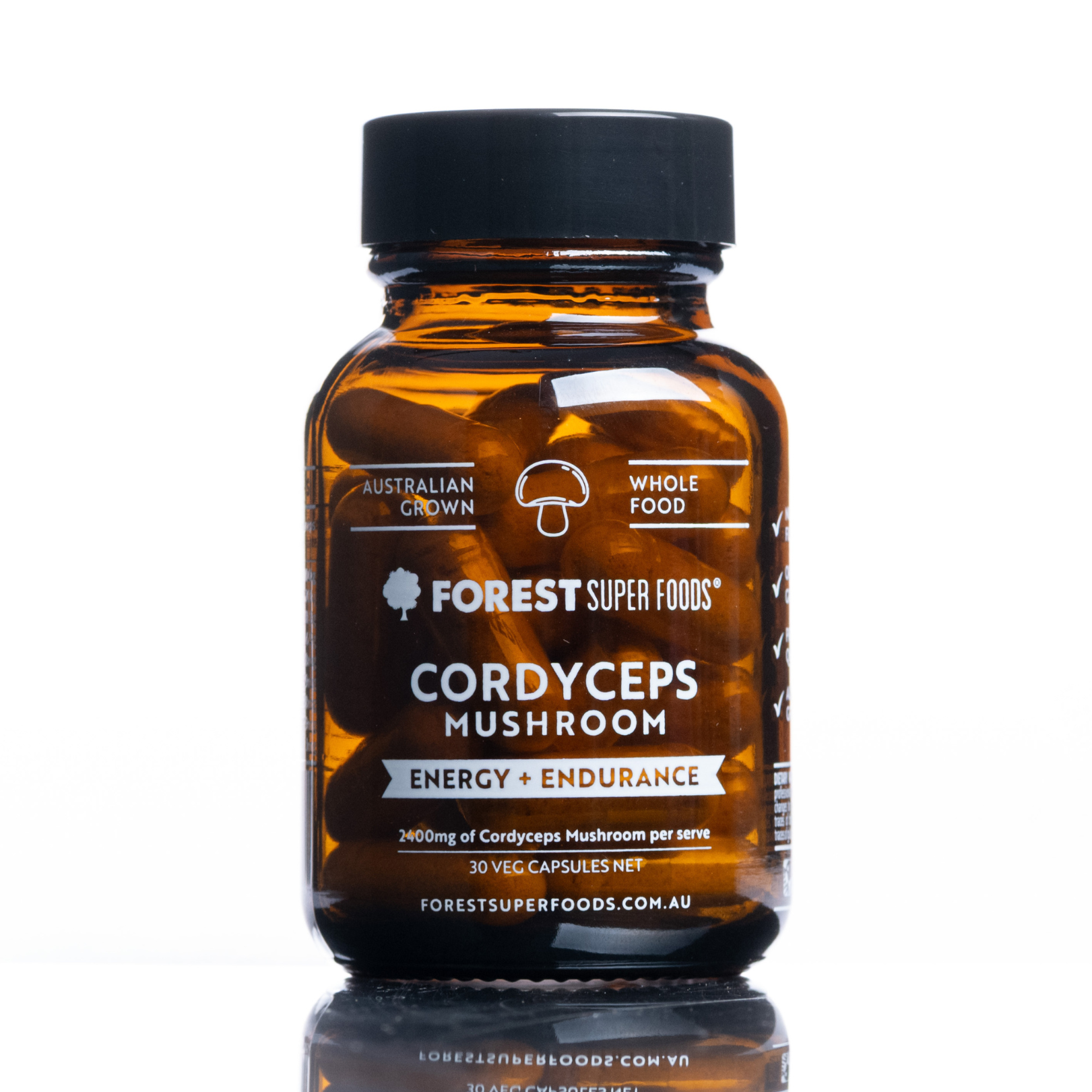 Amber bottle of Mini Australian Grown Cordyceps Mushroom capsules by Forest Super Foods for energy and endurance support