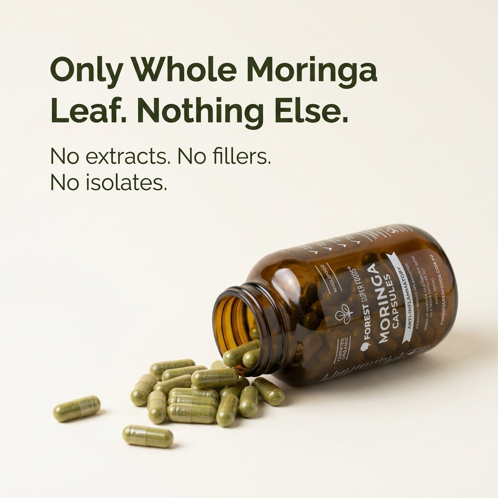 Bottle of Moringa capsules with text highlighting purity on a white background
