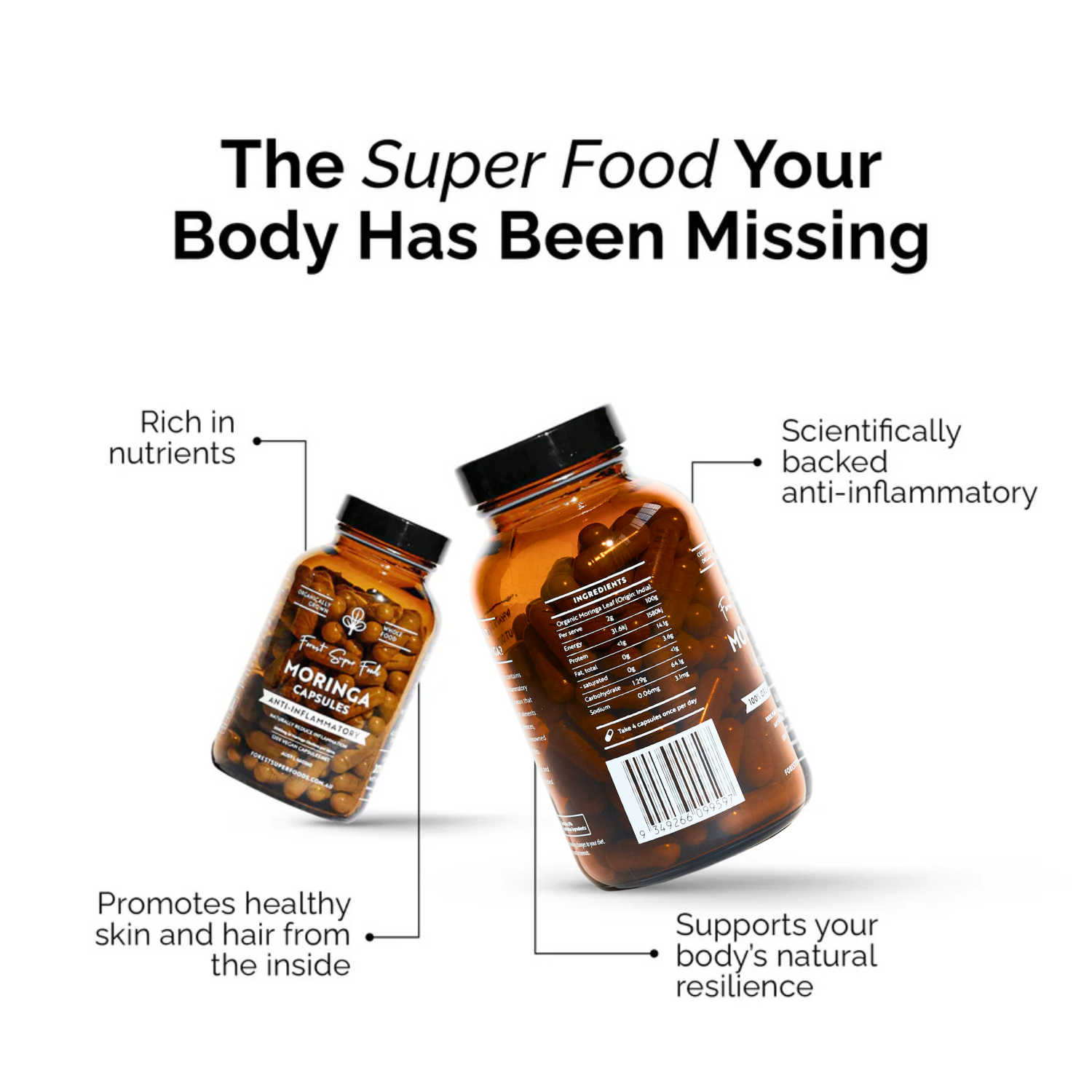 Organic Moringa Capsules bottles highlighting nutrient richness, anti-inflammatory support, and skin and hair benefits