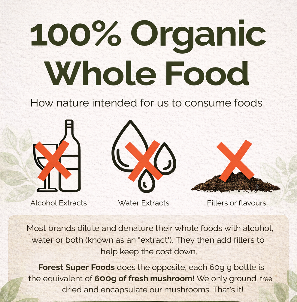 Infographic explaining Certified Organic Camu Camu Berry Capsules use whole-food extraction without alcohol, water, or fillers